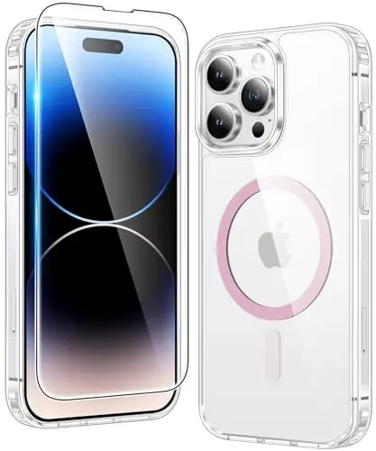 FNTCASE for iPhone 14 Pro-Max Case: Clear Magnetic Phone Cases Compatible with Magsafe Slim Anti Yellowing Military Grade Drop Protection Rugged Protective Transparent Cell Phone Cover (C-A Pink) - FNTCASE