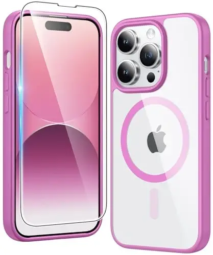 FNTCASE for iPhone 14 Pro-Max Case: Clear Magnetic Phone Cases with Screen Protector Compatible with Magsafe Slim Anti Yellowing Rugged Shockproof Protective Transparent Cell Phone Cover (B-Pink) 