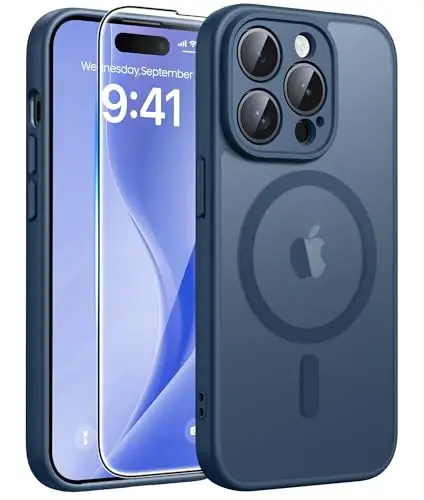 FNTCASE for iPhone 14 Pro Max Case, Fit for Magsafe, Glass Screen Protector | Full Camera Protection, Translucent Matte, 14FT Military Grade Drop Proof, Shockproof Protective Phone Cover, Blue 