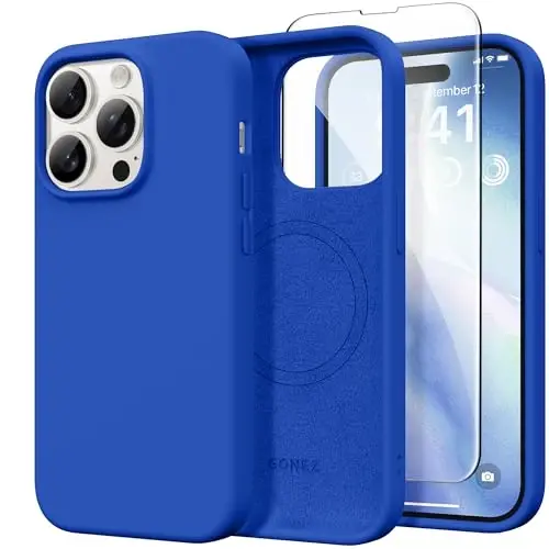 GONEZ Magnetic for iPhone 14 Pro Max Case, [Compatible with MagSafe] Anti-Scratch Microfiber Lining & Screen Protector, Shockproof Slim Phone Silicone Cover 6.7 inch, Klein Blue 