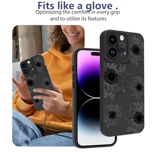 iPhone 14 Pro Max için OOK Çiçekli Kılıf, Sevimli Siyah Ayçiçeği Desenli | Yumuşak TPU, Kadınlar ve Kızlar için Darbeye Dayanıklı Çiçekli Telefon Kılıfı 