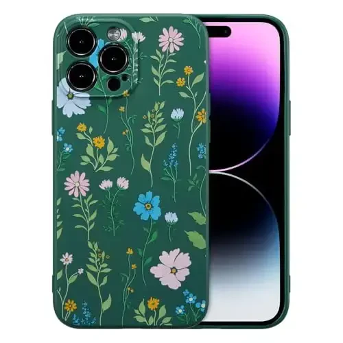 RALEAVO Floral Case for iPhone 14 Pro Max,Liquid Silicone Cover with Flower Cosmos Pattern Cute Phone Cover for Girls Women Slim Soft Rubber Protective Phone Case for iPhone 14 Pro Max 6.7