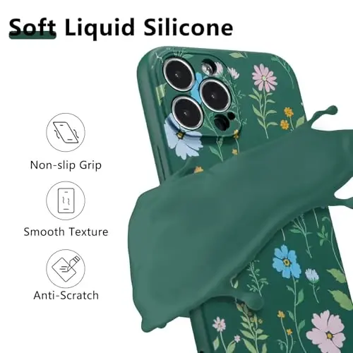 RALEAVO Floral Case for iPhone 14 Pro Max,Liquid Silicone Cover with Flower Cosmos Pattern Cute Phone Cover for Girls Women Slim Soft Rubber Protective Phone Case for iPhone 14 Pro Max 6.7