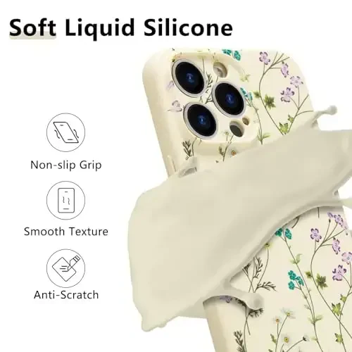 RALEAVO Floral Case for iPhone 14 Pro Max,Liquid Silicone Cover with Cute Flower Branch Pattern for Girls Women Slim Soft Rubber Protective Phone Case for iPhone 14 Pro Max (6.7