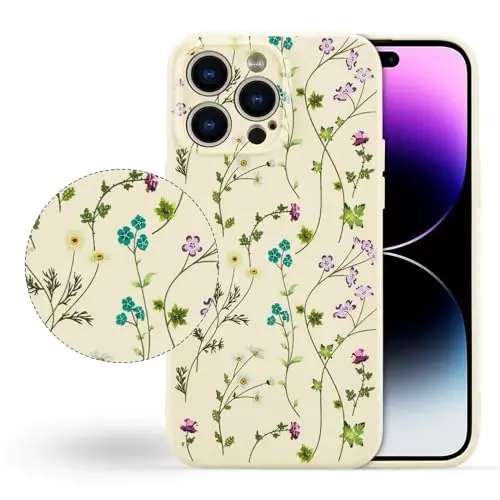 RALEAVO Floral Case for iPhone 14 Pro Max,Liquid Silicone Cover with Cute Flower Branch Pattern for Girls Women Slim Soft Rubber Protective Phone Case for iPhone 14 Pro Max (6.7