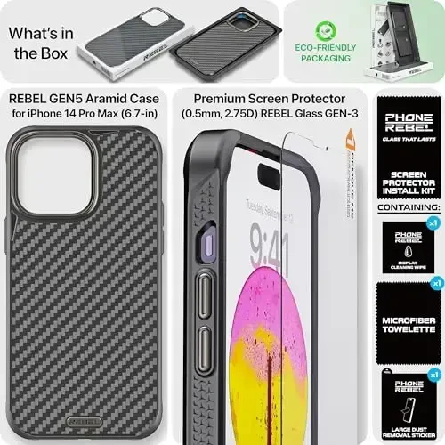 REBEL Case for iPhone 14 Pro Max [Gen-5 Aramid Fiber] Strong MagSafe Compatible, Grippy Sides, Shockproof Corners, Metal Lens + Buttons, Upgraded Protective Design, 6.7 Inch Phone 2023 (Black) - 6