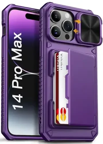 Vihibii for iPhone 14 Pro Max Wallet Case, Built-in Card Holder (4 Cards), [RFID Blocking] & Slide Camera Cover, Military Grade Drop Protection, Rugged Hard Wallet Case, 6.7