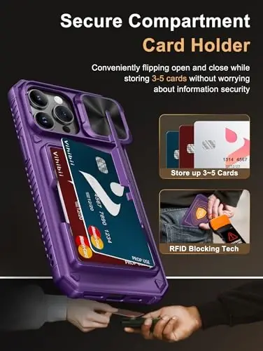 Vihibii for iPhone 14 Pro Max Wallet Case, Built-in Card Holder (4 Cards), [RFID Blocking] & Slide Camera Cover, Military Grade Drop Protection, Rugged Hard Wallet Case, 6.7