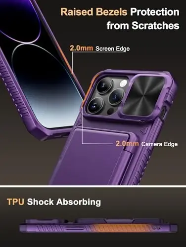 Vihibii for iPhone 14 Pro Max Wallet Case, Built-in Card Holder (4 Cards), [RFID Blocking] & Slide Camera Cover, Military Grade Drop Protection, Rugged Hard Wallet Case, 6.7