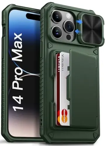 Vihibii for iPhone 14 Pro Max Case Wallet, Built-in Card Holder, Green | RFID Blocking, Slide Camera Lens Cover, Military-Grade Drop Protection, Rugged Hard Phone Case, Shopping & Traveling Light - 1