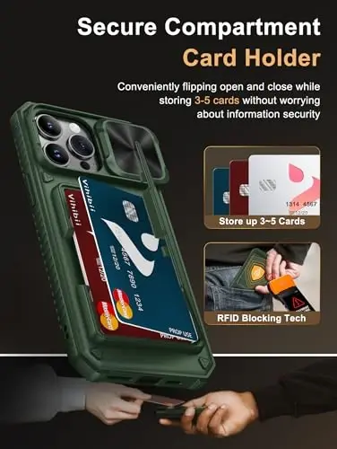 Vihibii for iPhone 14 Pro Max Case Wallet, Built-in Card Holder, Green | RFID Blocking, Slide Camera Lens Cover, Military-Grade Drop Protection, Rugged Hard Phone Case, Shopping & Traveling Light - 3