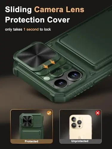 Vihibii for iPhone 14 Pro Max Case Wallet, Built-in Card Holder, Green | RFID Blocking, Slide Camera Lens Cover, Military-Grade Drop Protection, Rugged Hard Phone Case, Shopping & Traveling Light - 4