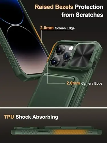 Vihibii for iPhone 14 Pro Max Case Wallet, Built-in Card Holder, Green | RFID Blocking, Slide Camera Lens Cover, Military-Grade Drop Protection, Rugged Hard Phone Case, Shopping & Traveling Light - 6