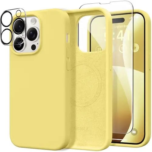 GONEZ Magnetic for iPhone 14 Pro Max Case, [Compatible with MagSafe] Anti-Scratch Microfiber Lining & Screen Protector, Shockproof Slim Phone Silicone Cover 6.7 inch, Yellow 