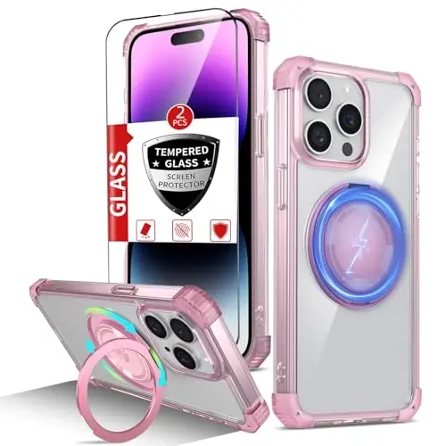 IYTRRYH for iPhone 14 Pro Max Case Magnetic Compatible with MagSafe Wireless Charging,with 2 Screen Protectors,Built-in Kickstand Ring,Military Grade Drop Heavy Duty Protection Shockproof Phone Pink - 1