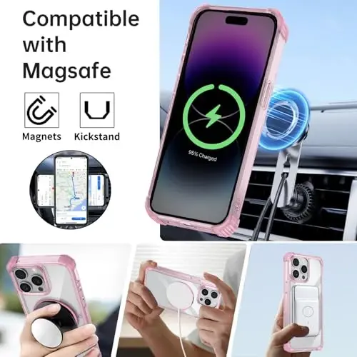 IYTRRYH for iPhone 14 Pro Max Case Magnetic Compatible with MagSafe Wireless Charging,with 2 Screen Protectors,Built-in Kickstand Ring,Military Grade Drop Heavy Duty Protection Shockproof Phone Pink - IYTRRYH (1)