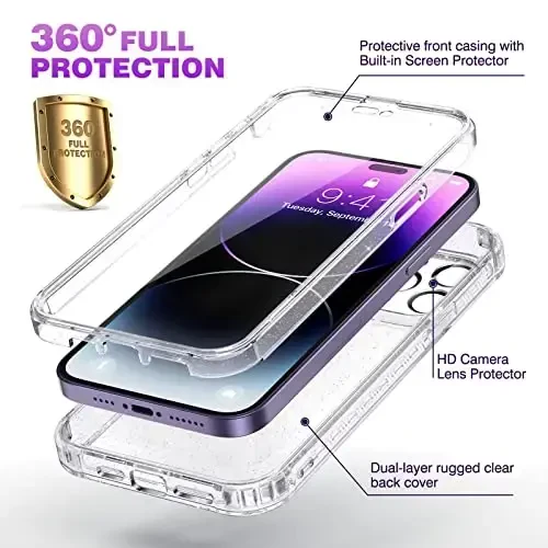 Diaclara Designed for iPhone 14 Pro Max Case 6.7’’ [2023 Upgraded], Full Body Rugged Case w/Built-in Touch Sensitive Anti-Scratch Screen Protector+9H Glass Camera Lens Protector(Clear Glitter) - 2