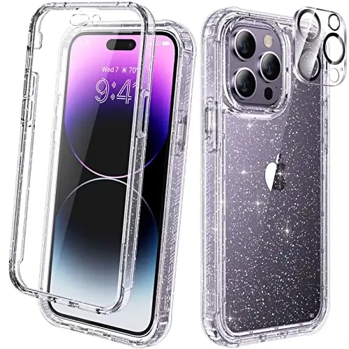 Diaclara Designed for iPhone 14 Pro Max Case 6.7’’ [2023 Upgraded], Full Body Rugged Case w/Built-in Touch Sensitive Anti-Scratch Screen Protector+9H Glass Camera Lens Protector(Clear Glitter) - 1