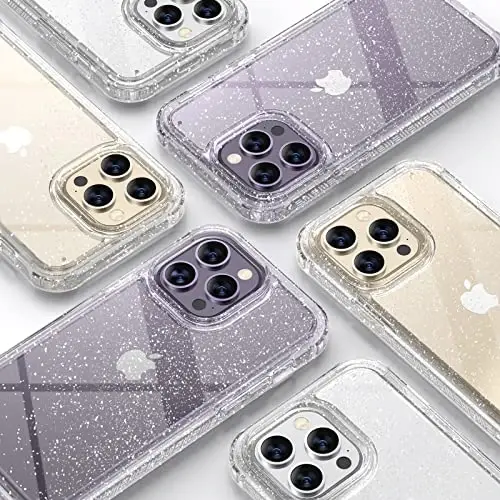 Diaclara Designed for iPhone 14 Pro Max Case 6.7’’ [2023 Upgraded], Full Body Rugged Case w/Built-in Touch Sensitive Anti-Scratch Screen Protector+9H Glass Camera Lens Protector(Clear Glitter) - 6