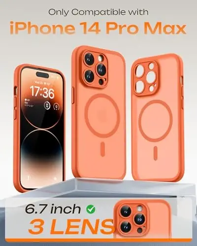 iPhone 14 Pro Max Kılıfı için TOCOL, Magsafe Şarj Cihazı ile Uyumlu, Tam Kamera Koruması, Düşme Koruması, iPhone 14 Pro Max 6.7 inç için Yarı Saydam Mat Telefon Kılıfı (Turuncu) - 2