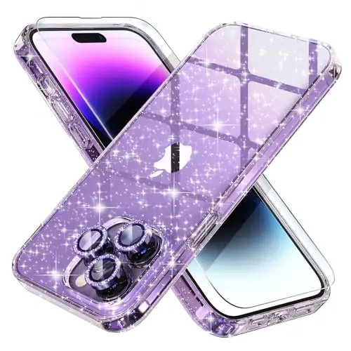 Choiche Compatible for iPhone 14 Pro Max Case Women Phone Case, Cute Bling Sparkly, Military Grade Protection, 3 Diamond Camera Lens Covers, 2 Tempered Glass Protectors, 6.7 inch (Glitter Purple) 