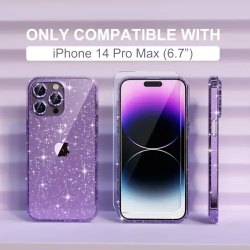 Choiche Compatible for iPhone 14 Pro Max Case Women Phone Case, Cute Bling Sparkly, Military Grade Protection, 3 Diamond Camera Lens Covers, 2 Tempered Glass Protectors, 6.7 inch (Glitter Purple) - 2