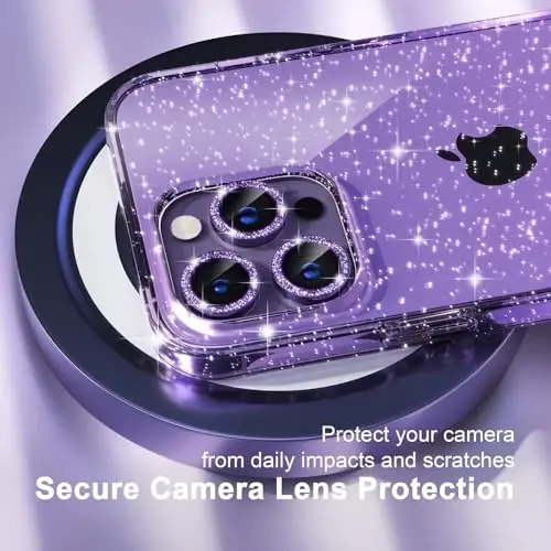 iPhone 14 Pro Max Kılıfı Kadın Telefon Kılıfı için Choiche Uyumlu, Sevimli Parıltılı Simli, Askeri Sınıf Koruma, 3 Elmas Kamera Lens Kapağı, 2 Temperli Cam Koruyucu, 6,7 inç (Simli Mor) - 3