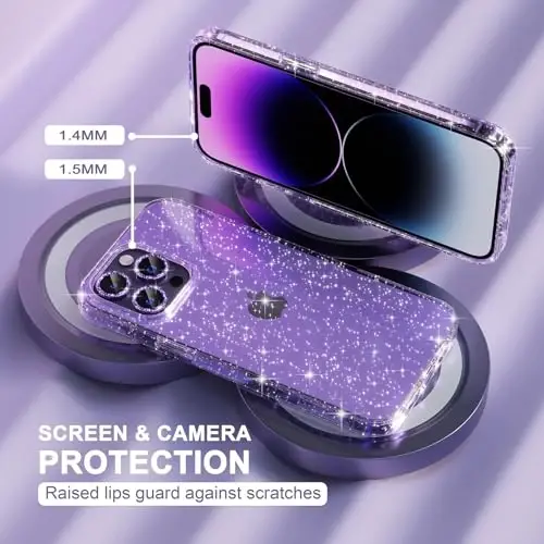 iPhone 14 Pro Max Kılıfı Kadın Telefon Kılıfı için Choiche Uyumlu, Sevimli Parıltılı Simli, Askeri Sınıf Koruma, 3 Elmas Kamera Lens Kapağı, 2 Temperli Cam Koruyucu, 6,7 inç (Simli Mor) - 4
