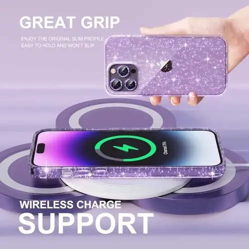 iPhone 14 Pro Max Kılıfı Kadın Telefon Kılıfı için Choiche Uyumlu, Sevimli Parıltılı Simli, Askeri Sınıf Koruma, 3 Elmas Kamera Lens Kapağı, 2 Temperli Cam Koruyucu, 6,7 inç (Simli Mor) - 6