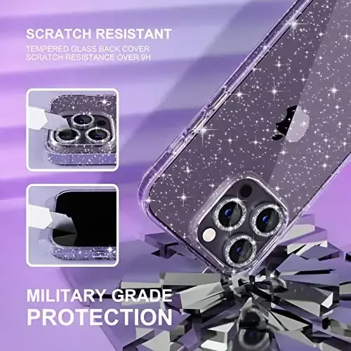 Choiche Compatible for iPhone 14 Pro Max Case Women Phone Case, Cute Bling Sparkly, Military Grade Protection, 3 Diamond Camera Lens Covers, 2 Tempered Glass Protectors, 6.7 inch (Glitter Clear) - 5
