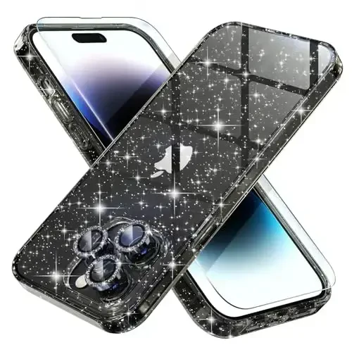 Choiche Compatible for iPhone 14 Pro Max Case Women Phone Case, Cute Bling Sparkly, Military Grade Protection, 3 Diamond Camera Lens Covers, 2 Tempered Glass Protectors, 6.7 inch (Glitter Black) - CHOICHE