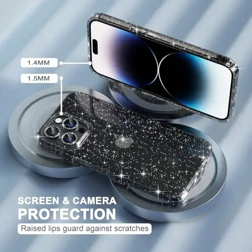 Choiche Compatible for iPhone 14 Pro Max Case Women Phone Case, Cute Bling Sparkly, Military Grade Protection, 3 Diamond Camera Lens Covers, 2 Tempered Glass Protectors, 6.7 inch (Glitter Black) - 4