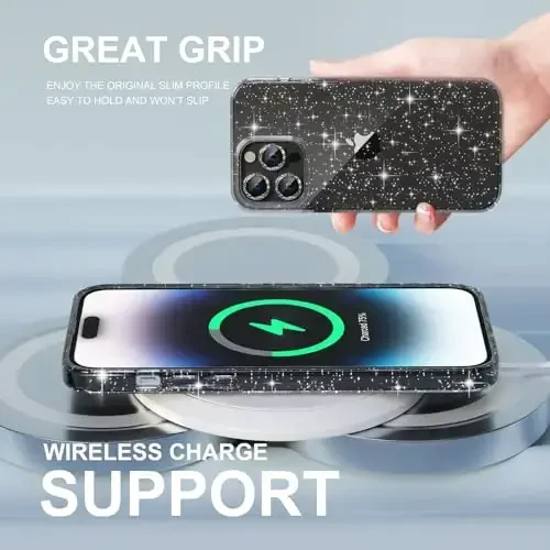 Choiche Compatible for iPhone 14 Pro Max Case Women Phone Case, Cute Bling Sparkly, Military Grade Protection, 3 Diamond Camera Lens Covers, 2 Tempered Glass Protectors, 6.7 inch (Glitter Black) - 6