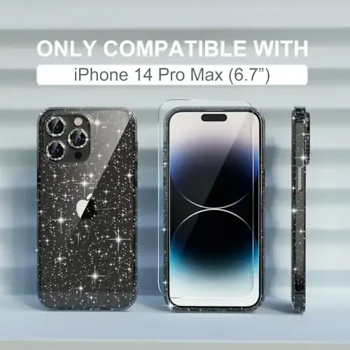 Choiche Compatible for iPhone 14 Pro Max Case Women Phone Case, Cute Bling Sparkly, Military Grade Protection, 3 Diamond Camera Lens Covers, 2 Tempered Glass Protectors, 6.7 inch (Glitter Black) - 2