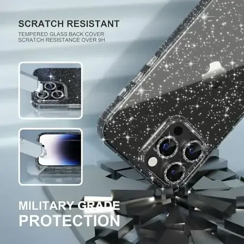 Choiche Compatible for iPhone 14 Pro Max Case Women Phone Case, Cute Bling Sparkly, Military Grade Protection, 3 Diamond Camera Lens Covers, 2 Tempered Glass Protectors, 6.7 inch (Glitter Black) - 5