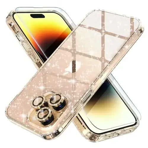 Choiche Compatible for iPhone 14 Pro Max Case Women Phone Case, Cute Bling Sparkly, Military Grade Protection, 3 Diamond Camera Lens Covers, 2 Tempered Glass Protectors, 6.7 inch (Glitter Gold) - CHOICHE