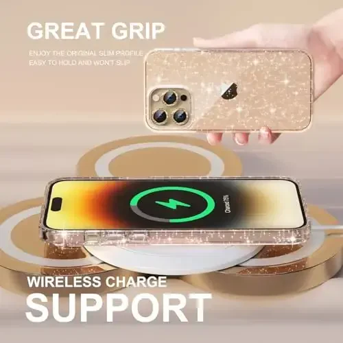 Choiche Compatible for iPhone 14 Pro Max Case Women Phone Case, Cute Bling Sparkly, Military Grade Protection, 3 Diamond Camera Lens Covers, 2 Tempered Glass Protectors, 6.7 inch (Glitter Gold) - 6