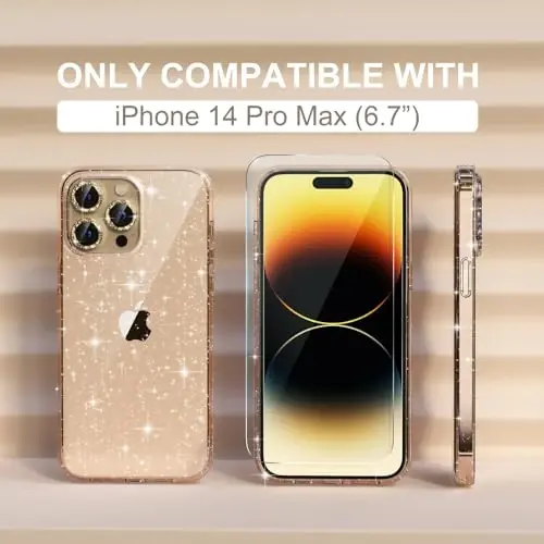 Choiche Compatible for iPhone 14 Pro Max Case Women Phone Case, Cute Bling Sparkly, Military Grade Protection, 3 Diamond Camera Lens Covers, 2 Tempered Glass Protectors, 6.7 inch (Glitter Gold) - 2