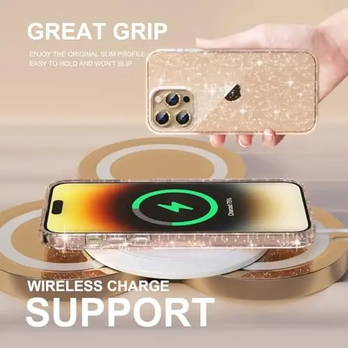 Choiche Compatible for iPhone 14 Pro Max Case Women Phone Case, Cute Bling Sparkly, Military Grade Protection, 3 Diamond Camera Lens Covers, 2 Tempered Glass Protectors, 6.7 inch (Glitter Gold) - 6