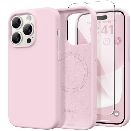 GONEZ Magnetic for iPhone 14 Pro Max Case, [Compatible with MagSafe] Anti-Scratch Microfiber Lining & Screen Protector, Shockproof Slim Phone Silicone Cover 6.7 inch, Pastel Pink 