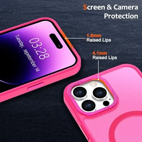 iPhone 14 Pro Max uchun Anuck Case MagSafe bilan mos keladigan magnit telefon g‘ilofi, yumshoq TPU bumperli qattiq shaffof mat orqa, erkaklar, ayollar va qizlar uchun ingichka zarbga chidamli himoya qopqog‘i - To‘q pushti - 3