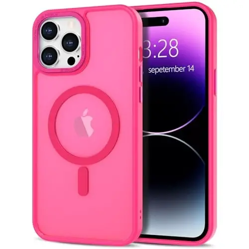 iPhone 14 Pro Max uchun Anuck Case MagSafe bilan mos keladigan magnit telefon g‘ilofi, yumshoq TPU bumperli qattiq shaffof mat orqa, erkaklar, ayollar va qizlar uchun ingichka zarbga chidamli himoya qopqog‘i - To‘q pushti 