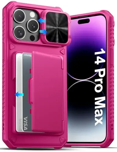 iPhone 14 Pro Max uchun ATATOO karta ushlagichi (3-5 ta karta) bilan hamyon g‘ilofi [RFID blokirovka] va suriluvchi kamera qopqog‘i, harbiy darajadagi himoya, ayollar va erkaklar uchun yoqimli telefon g‘ilofi 14 Pro Max 6.7