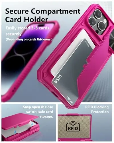 iPhone 14 Pro Max uchun ATATOO karta ushlagichi (3-5 ta karta) bilan hamyon g‘ilofi [RFID blokirovka] va suriluvchi kamera qopqog‘i, harbiy darajadagi himoya, ayollar va erkaklar uchun yoqimli telefon g‘ilofi 14 Pro Max 6.7