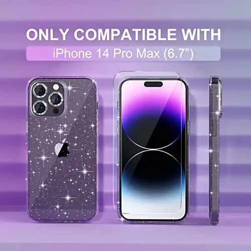 iPhone 14 Pro Max uchun Choiche mos keladigan ayollar telefon qutisi, chiroyli yaltiroq, harbiy darajadagi himoya, 3 ta olmosli kamera linzalari qopqog'i, 2 ta закалённое shisha himoyachisi, 6,7 dyuym (Glitter Clear) - CHOICHE (1)