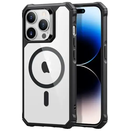 iPhone 14 Pro Max uchun ESR g'ilofi, MagSafe bilan mos, harbiy darajadagi himoya, zarbalarni yutuvchi burchaklar, tirnalishga chidamli, sarg'aymaydigan akril orqa panel, yupqa himoya, Air Armor seriyasi, tiniq qora - ESR