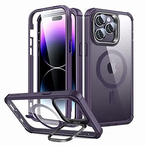 iPhone 14 Pro Max uchun ESR g'ilofi Stend bilan, MagSafe bilan mos, To'liq korpusli harbiy darajadagi tushishga chidamli g'ilof o'rnatilgan 9H+ temperlangan shisha ekran himoyachisi, Armor seriyasi, Toza binafsha 