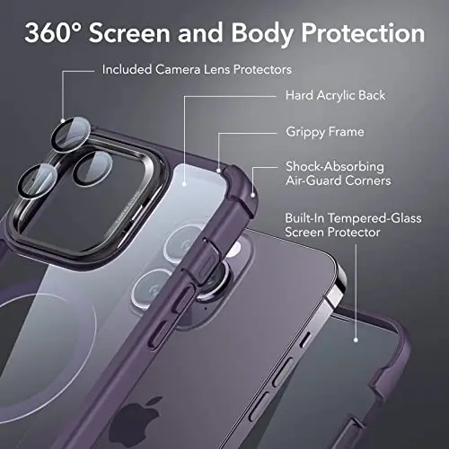 iPhone 14 Pro Max uchun ESR g'ilofi Stend bilan, MagSafe bilan mos, To'liq korpusli harbiy darajadagi tushishga chidamli g'ilof o'rnatilgan 9H+ temperlangan shisha ekran himoyachisi, Armor seriyasi, Toza binafsha - 3