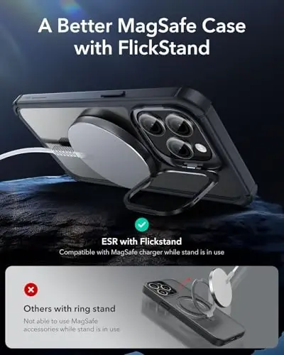 iPhone 14 Pro Max uchun ESR g'ilofi stend bilan, MagSafe bilan mos, to'liq tana harbiy darajadagi tushishga chidamli g'ilof o'rnatilgan 9H+ temperli shisha ekran himoyachisi, Armor seriyasi, shaffof qora - 4