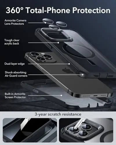 iPhone 14 Pro Max uchun ESR g'ilofi stend bilan, MagSafe bilan mos, to'liq tana harbiy darajadagi tushishga chidamli g'ilof o'rnatilgan 9H+ temperli shisha ekran himoyachisi, Armor seriyasi, shaffof qora - 8